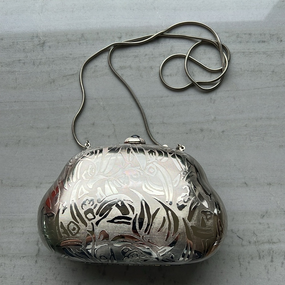 Vintage Saks Fifth Avenue Silver Hard Shell Clutch Evening Bag